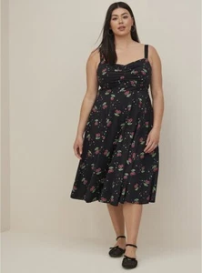 Torrid MIDI POPLIN FIT & FLARE DRESS BLACK CHERRIES Size 3 3X 22-24 NWT - Picture 1 of 5