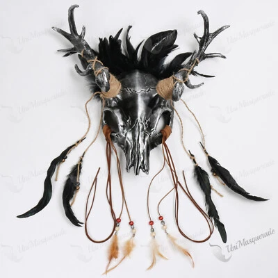 Black Silver Deer Horn Animal Skull Masquerade Halloween Party Mask - Image 1 of 4