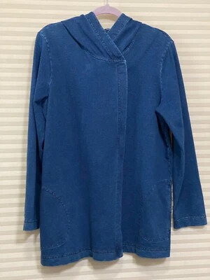 Chaqueta a Presión J Jill Azul Índigo L Con Capucha Bolsillos Denim Look Terry Francés Usada en Excelente Condición Foto 1 de 4