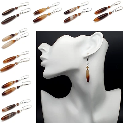 Earrings Brown Beige Agate Gemstone Dangle Drop Beaded Crystal Sterling Silver - Изображение 1 из 4
