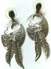 Vintage Sterling Silver Onyx Earrings With Dangling Feathers