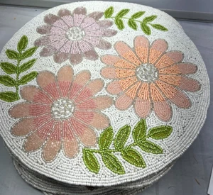 White Pink Floral Flower Beaded Placemat New Floral 15" Tahari New - Picture 1 of 4