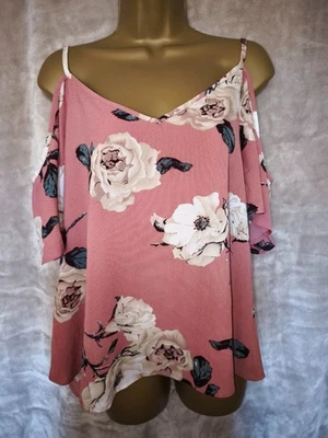 Pink Floral Cold Shoulder Blouse XL / 14 UK Womens - Image 1 of 4