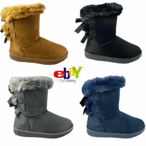 New Ladies Snow Boots Two Bow Short Classic Fur Waterproof Winter Womens Sizes - Picture 1 of 23
