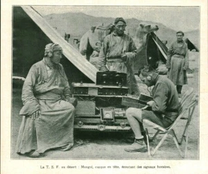 Altes Dokument Die TSF in der mongolischen Wüste Kopfhelm 1928 aus Zeitschrift - Bild 1 von 1