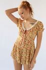 Uo Lily Tiered Romper Urban Outfitters Button Laced Up Cap Sleeve Printed New L