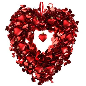 17.7'' Tinsel Heart Shaped Wreath Valentines Day Red Heart Wreath Heart Balls... - Picture 1 of 7