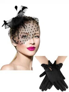 50s Fascinator Hat for Women Funeral Veil Hat Pillbox Cocktail Tea Party w/Glove - Picture 1 of 7