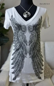 New USA VOCAL Womens CRYSTAL WHITE BLACK CROSS ANGEL WINGS BIKER SHIRT S M Y2K - Picture 1 of 4