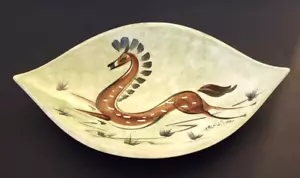 MCM Unique 1968 Ceramic Bowl Hand Painted Gazelle/Deer Signed 15"x9" - Picture 1 of 17