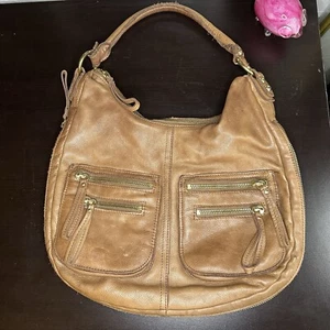 Linea Pelle Hobo Shoulder Bag Beige Soft Leather Womens Large Zippers 14x13 - Picture 1 of 24
