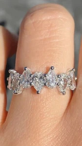 14K White Gold Plated Delicate Pear Cut Moissanite Zigzag Bridal Wedding Band - Picture 1 of 6