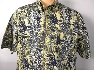 Crossings Camicia Uomo L Manica Corta Cotone Blu Navy Giallo Batik Tropicale - Foto 1 di 9