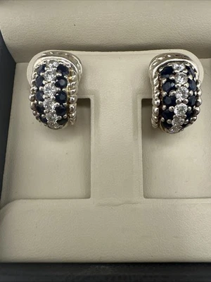 Judith Ripka Earrings Sterling Silver 925 Sapphire & CZ Half Hoop Lever Back - Image 1 of 4