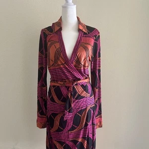 Hale Bob Silk Wrap Dress Midi Geometric Pattern Black Pink Rust SZ L Long Sleeve - Picture 1 of 9