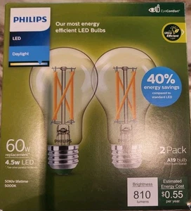 Philips Ultra Efficient Soft White Clear LED Bulb 60W A19 Medium base 2 Pack - Picture 1 of 4