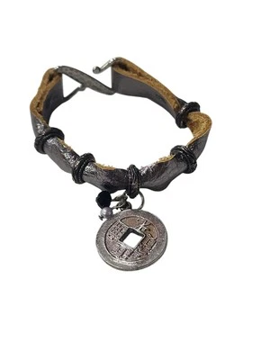 6.75" Silver Bracelet Artisan Leather Band Coin Charms Handmade Hammered Z clasp - Image 1 of 4