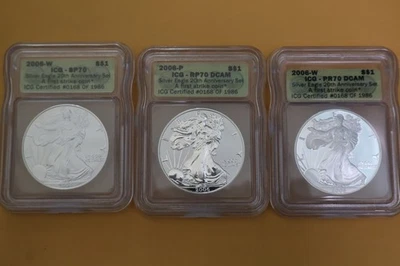 2006 Silver Eagle 3 Coin Set ICG RP70/PR70/SP70 20th Anniversary FS with Box - Image 1 of 4