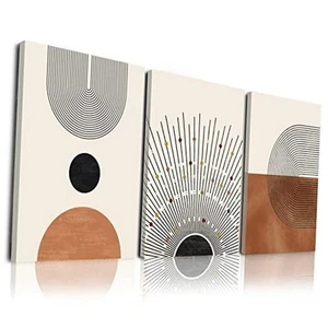 Wall Art Set of 3, Mid-Century Modern, Neutral Geometric Line Sun, Framed - Picture 1 of 8