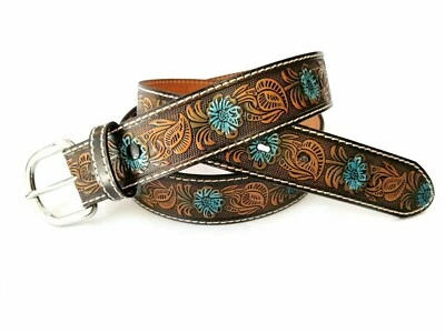 Cintura EL CHARRO E701C stampa a fuoco fiori azzurri cucita - Image 1 of 3