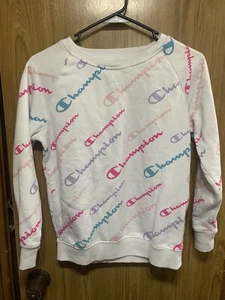 Champion Sweater Girl Large White Blue Spell Out Pullover Sweatshirt Kids Youth - Picture 1 of 4