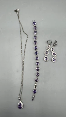 Necklace Long Earrings Bracelet Set, White Gold Plated Created Purple Sapphire - Image 1 of 4