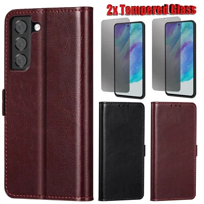 For Samsung Galaxy S21 FE 5G Leather Case Wallet Cover Privacy Screen Protector - Image 1 of 4
