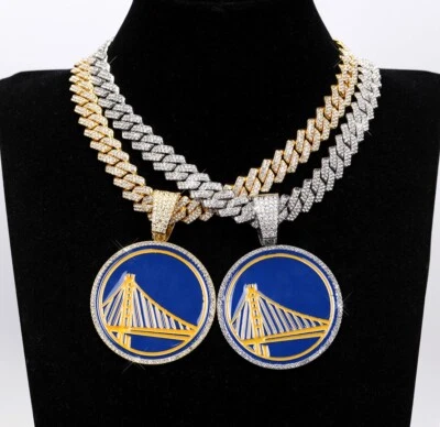 Golden State Warriors GEM NECKLACE Gold/Silver Bling Hip Hop Pendant 24'' Chain