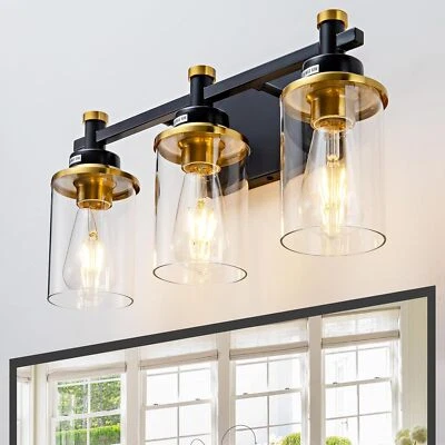 Lámpara de tocador de baño con 3 luces negra y dorada cepillada Foto 1 de 4