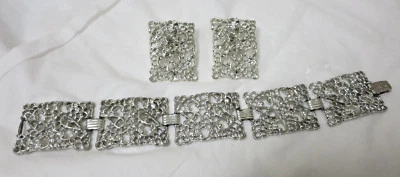 Vintage Emmons Open Work Silver Tone Panel Bracelet & Matching Clip Earrings - Image 1 of 4
