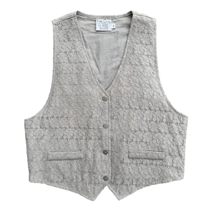 VTG 90s Linen Vest Eyelet Lace Overlay Womens XL L Coastal Boho Work Corporate - Picture 1 of 8