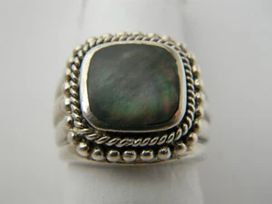 Fine Sterling Silver 925 Beaded & Roped Bezel w/Ribbed Sides Abalone Ring Sz 6 - Picture 1 of 11
