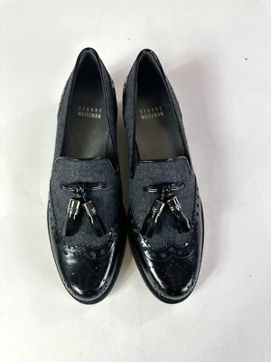 Stuart Weitzman "Chap" Black Patent Leather and Grey Flannel Tassel Loafers - Image 1 of 4
