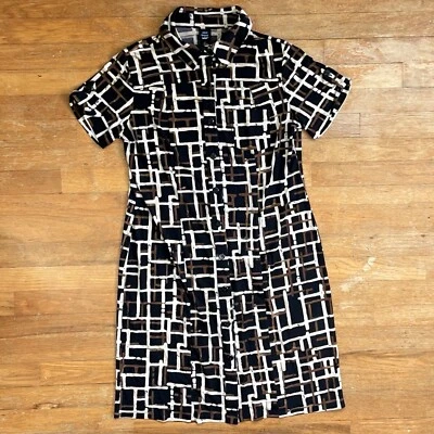Vintage Stretch Knit Dress Size Medium 1990s Geometric Print Shirtdress Collared - Image 1 of 4