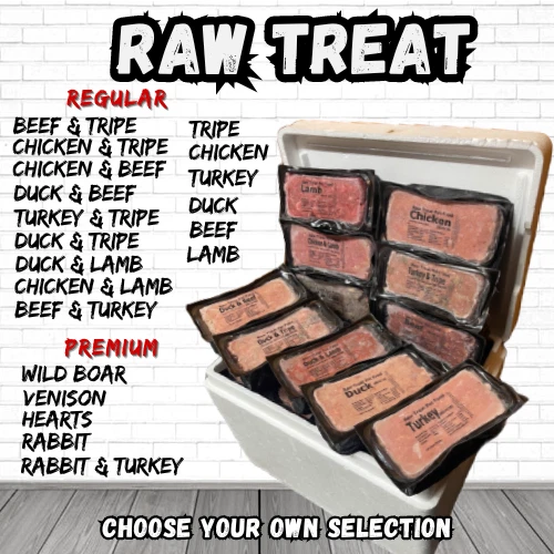 RAW TREAT RAW PET TREAT Frozen Dog Food 500g Blocks 80:10:10 10 or 20