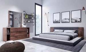 5 piece Modern Queen King Bedroom Set in Medium Brown Walnut & Gray Fabric VAZ - Picture 1 of 2