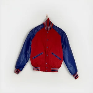 OMNI SPORTS Men's WOOL / LEATHER SLEEVE RED/BLUE VARSITY LETTERMAN JACKET - S - Picture 1 of 12