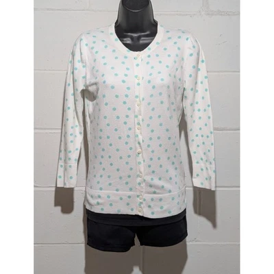Cárdigan suéter Merona blanco aguamarina a lunares manga 3/4 abotonable pequeño Foto 1 de 4
