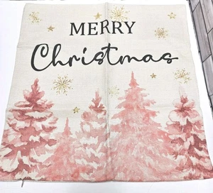 Decorative Pink Merry Christmas Trees Pillow COVER Gold Snowflakes 17"x17" - Picture 1 of 7