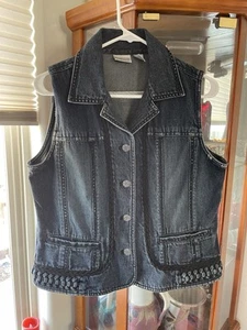 Chicos Dark Wash DistressDenim Vest Black Braid Silver Button 1 M Southwest EUC - Picture 1 of 6