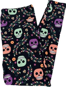 NEW LuLaRoe TC Leggings BLACK Colorful HALLOWEEN Sugar Skulls Dead - Picture 1 of 4