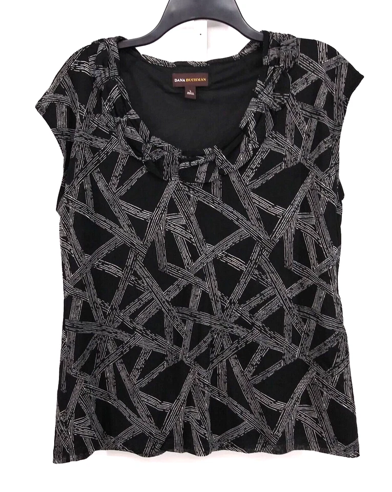 Blusa pulóver Dana Buchman para mujer talla L negra abstracta forrada transparente Foto 1 de 4