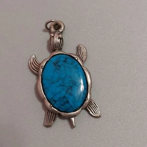 Vintage Pewter & Birdseye Turquoise Hawaiian Turtle Pendant - Picture 1 of 6