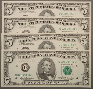 Four (4) Consecutive 1969A U.S. $5 Federal Reserve Star Notes, CU - Picture 1 of 1