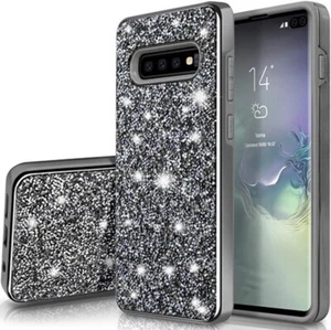 For Samsung S10 Dual Layer Glitter/Rubber Case BLACK - Photo 1 sur 2