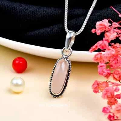 Pingente fino de prata esterlina 925 feito à mão com pedra preciosa de quartzo rosa - Imagem 1 de 4