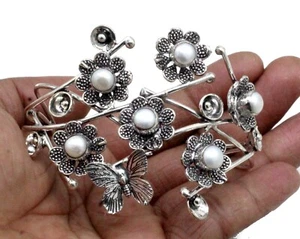 925 Sterling Silver Mother Of Pearl Gemstone Jewelry Cuff Bracelet Size-ADJ - Picture 1 of 7