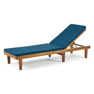 GDFStudio Outdoor Acacia Wood Chaise Lounge and Cushion Set and Blue - Picture 1 of 5