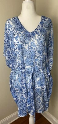 H & M женская рубашка платье XL синий белый пейсли спереди галстук богемное пляж повседневный C15 - Изображение 1 из 4