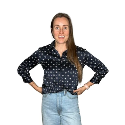 Blusa para mujer ANINE BING Billie estampado medallón seda botón delantero talla XS azul Foto 1 de 4